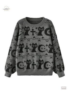 Goth Cartoon Cat Moon Print Knit Sweater Pullover Top
